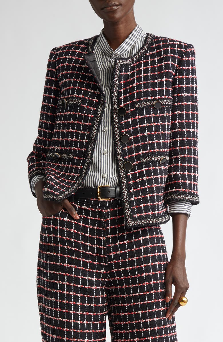 ST. JOHN Windowpane Check Mixed Media Crop Jacket, Main, color, Black/ Haute Red/ Pearl Multi