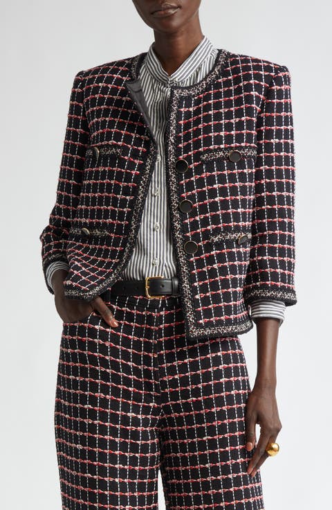 Windowpane Check Mixed Media Crop Jacket