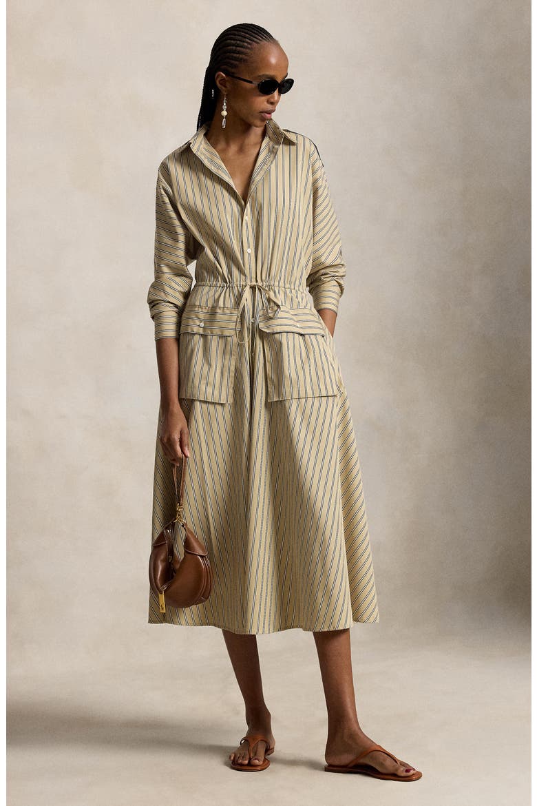 Stripe Long Sleeve Cotton Canvas Utility Shirtdress, Alternate, color, TAN-ROYAL MULTI
