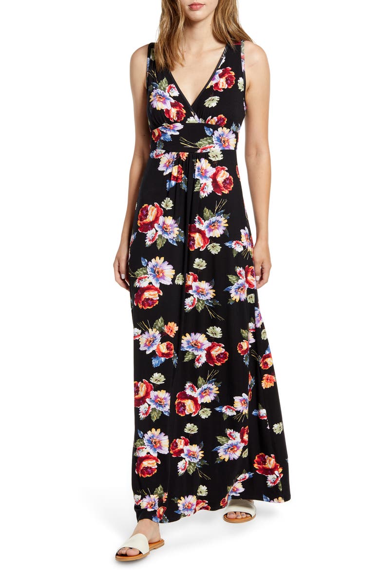 Floral Print Maxi Dress, Main, color, BLACK/ CORAL