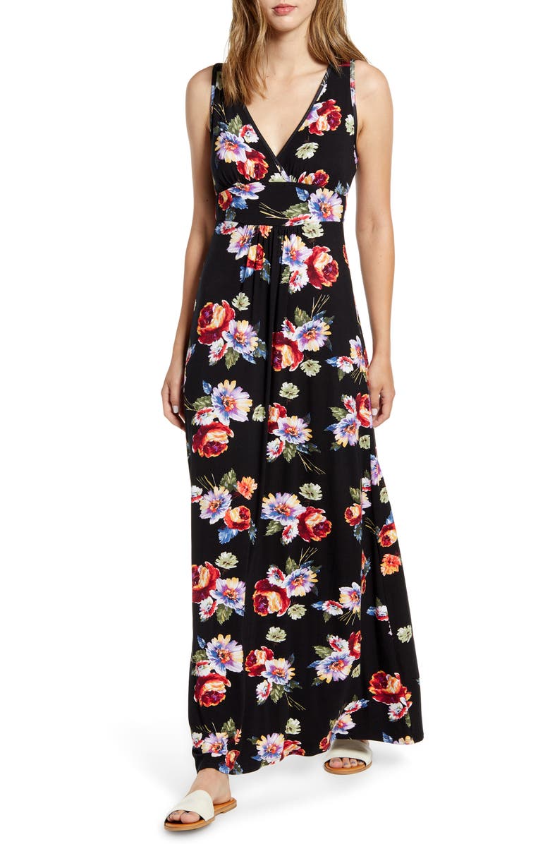 Loveappella Floral Print Maxi Dress, Main, color, Black/ Coral