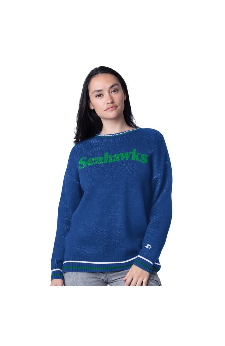 STARTER Women's Starter Royal Seattle Seahawks Oversized On the Ball Intarsia Knit Pullover Sweater, Main, color, Royal