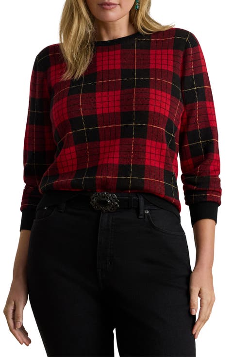 Plaid Crewneck Cotton Blend Sweater (Plus)