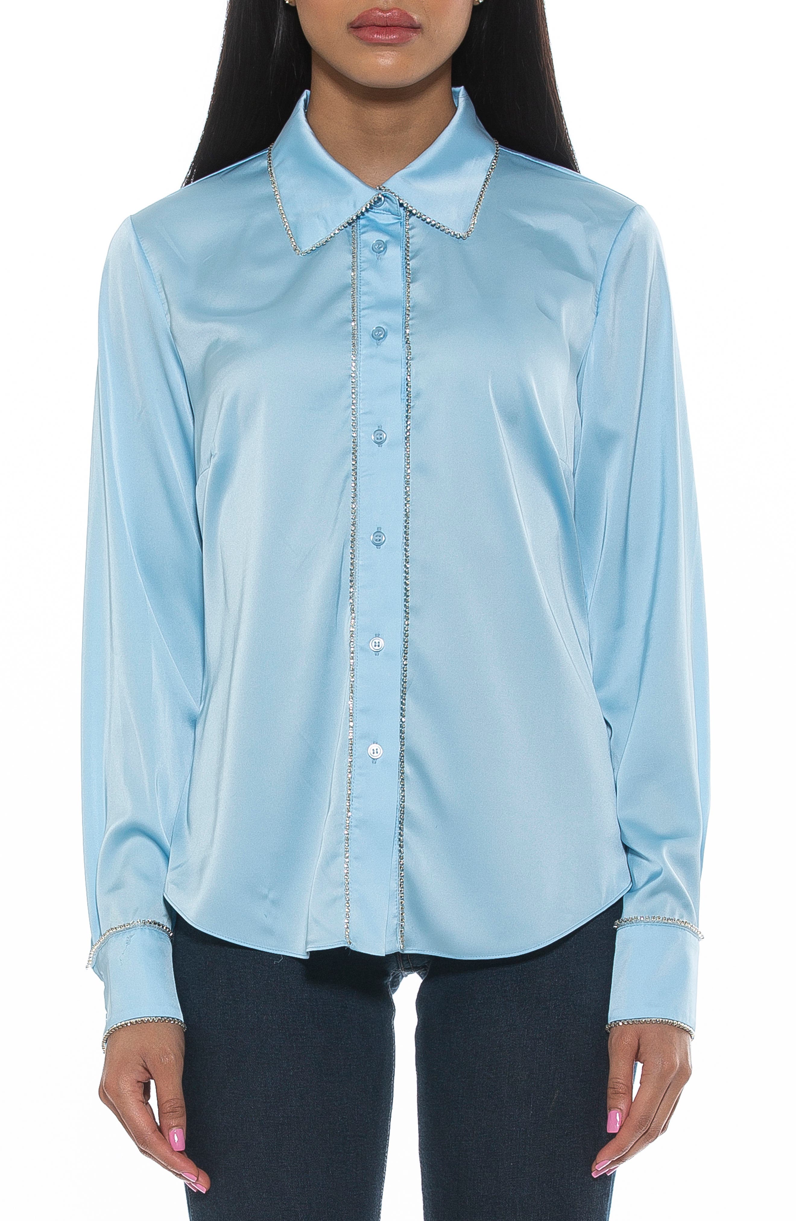 Rachel Rhinestone Trim Satin Button-Up Blouse