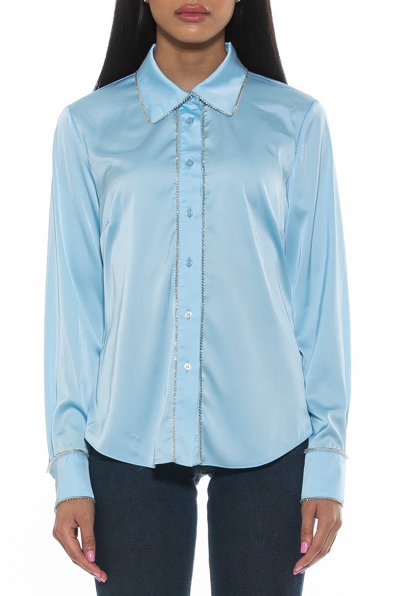 Rachel Rhinestone Trim Satin Button-Up Blouse, Main, color, HALOGEN BLUE