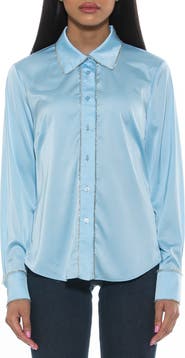 Alexia Admor Rachel Rhinestone Trim Satin Button-Up Blouse