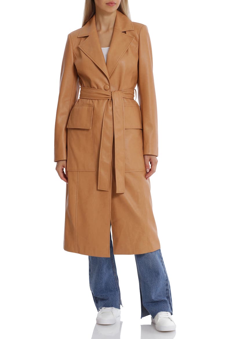 Belted Faux Leather Trench Coat, Alternate, color, BISCOTTI