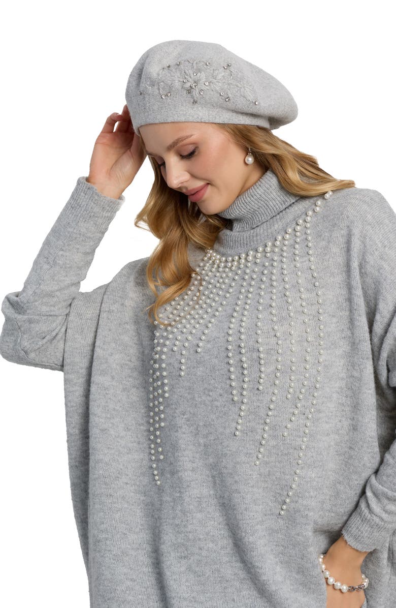 SAACHI Faux Pearl Embellished Beret, Alternate, color, Grey