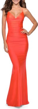 La Femme Strappy Back Ruched Trumpet Gown