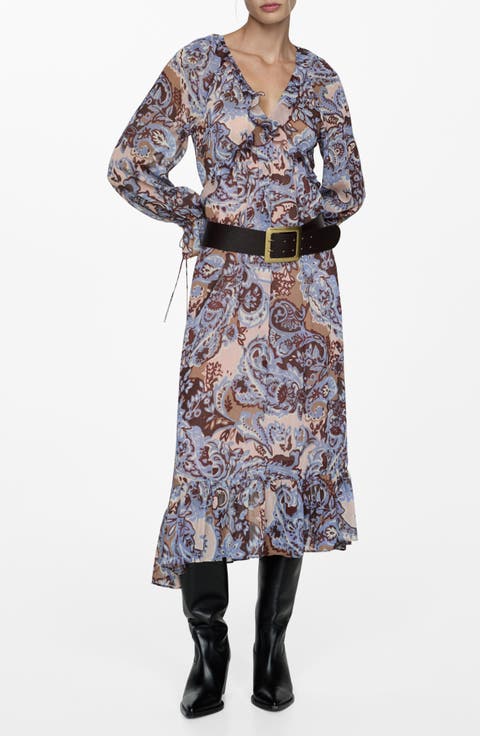 Paisley Ruffle Long Sleeve Maxi Dress