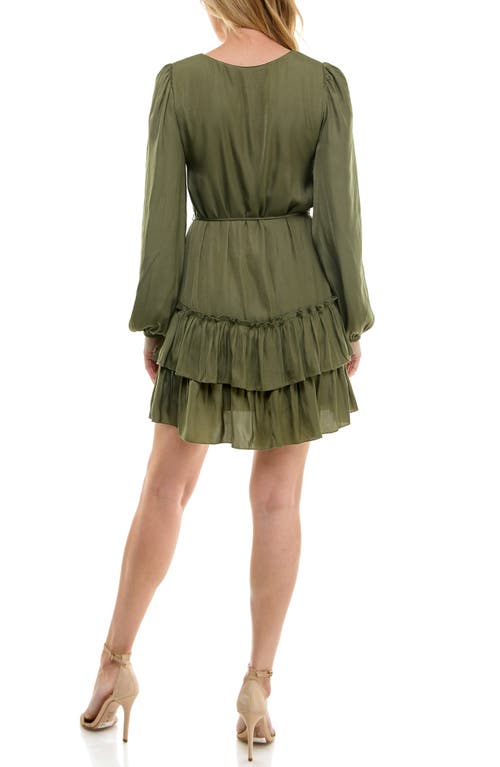 Socialite Tiered Long Sleeve Satin Dress In Dusty Olive