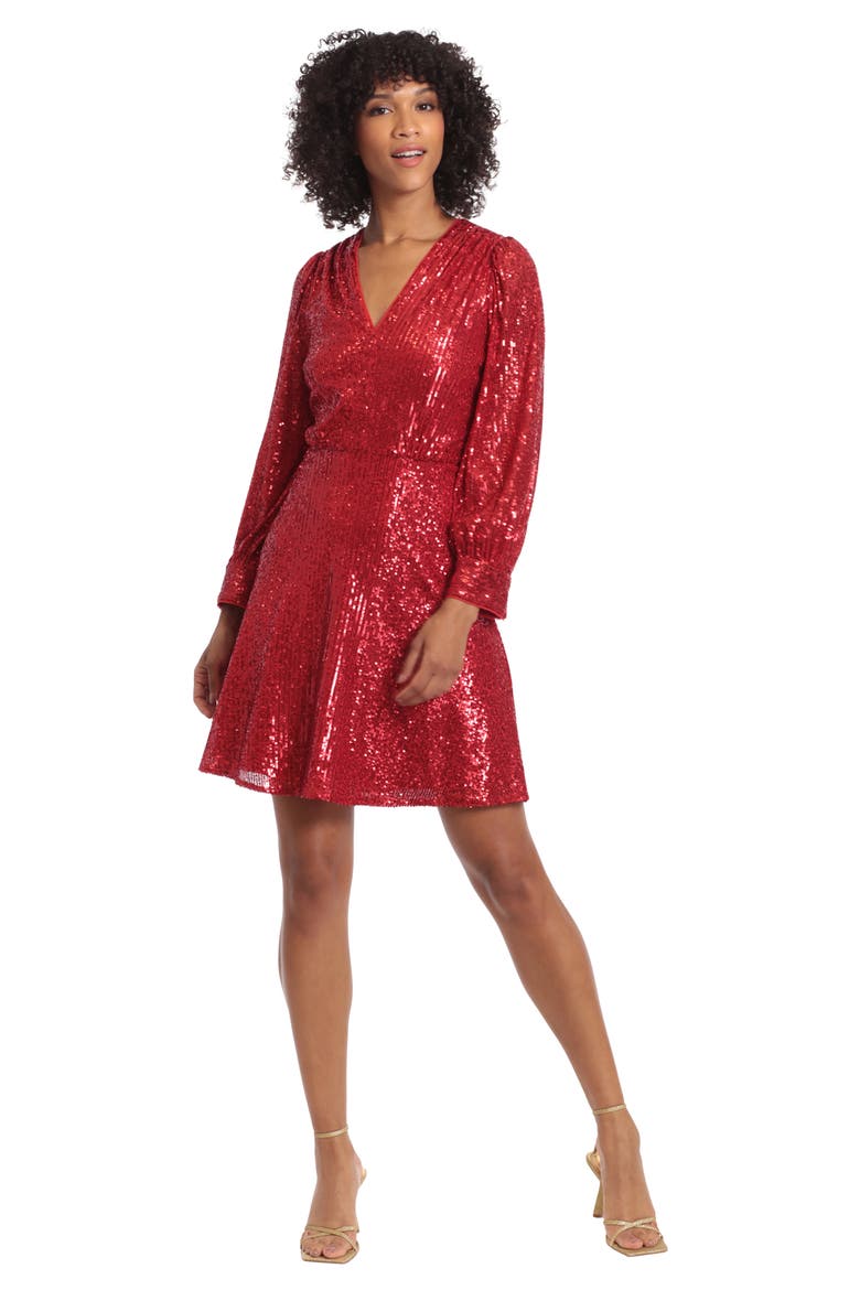 Sequin Long Sleeve Dress, Alternate, color, RED
