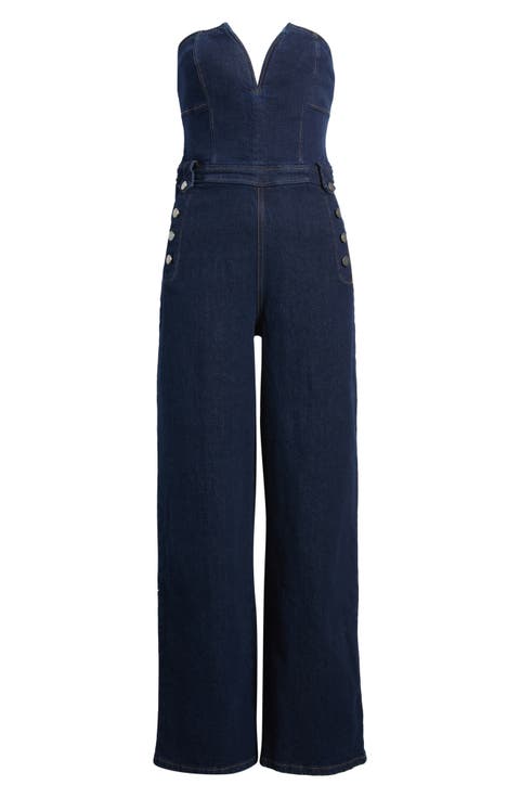 Strapless Wide Leg Denim Jumpsuit