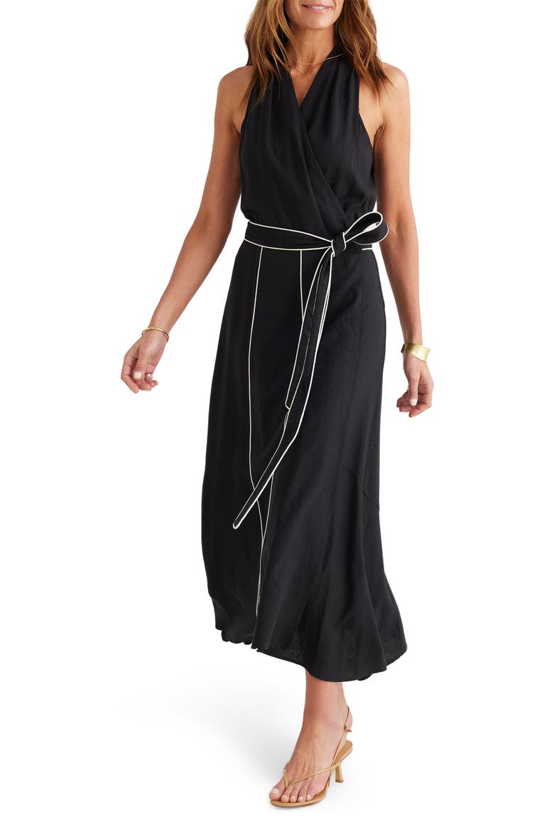 Ari Tie Waist Sleeveless Linen Blend Maxi Dress, Alternate, color, BLACK W WHITE