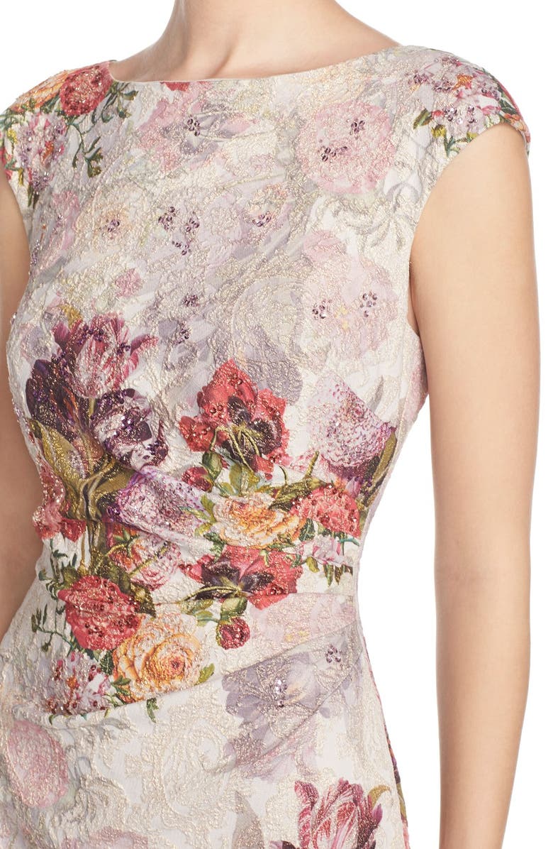 Adrianna Papell Embellished Ruched Metallic Jacquard Sheath Dress, Alternate, color, 