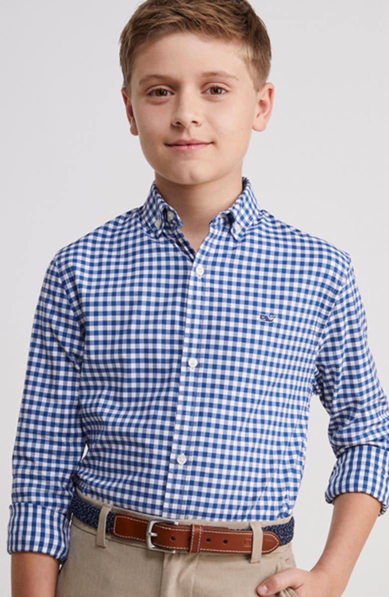 vineyard vines Kids' On-The-Go brrrº Gingham Button-Down Shirt, Alternate, color, Blue Bay