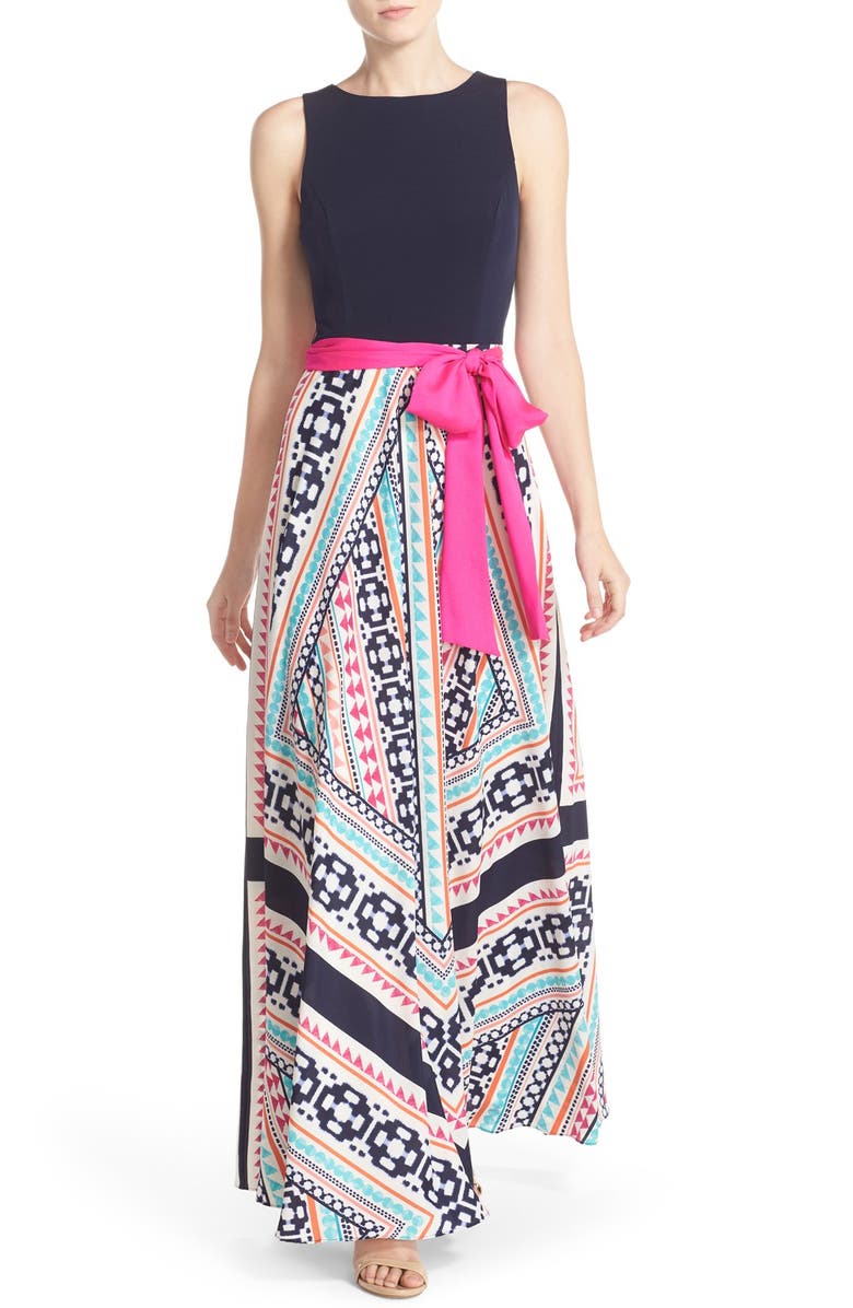 Eliza J Jersey & Print Crêpe de Chine Maxi Dress, Main, color, 
