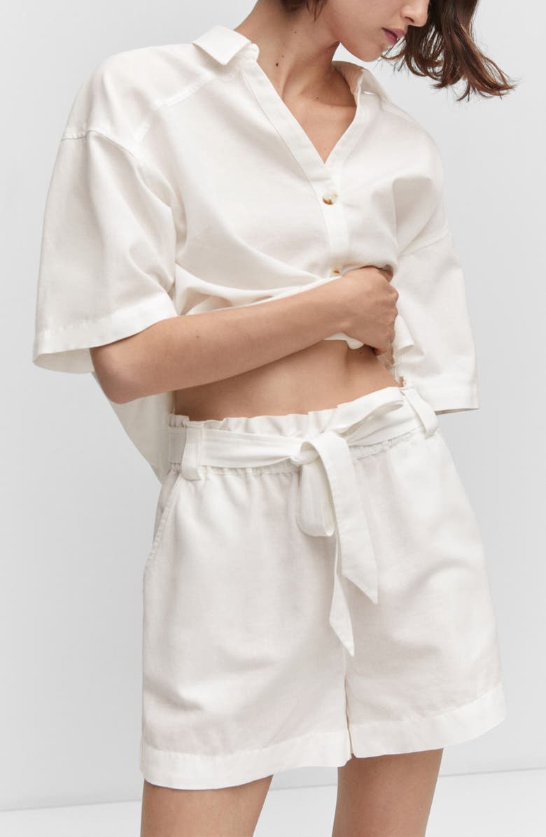 MANGO Cotton & Linen Paperbag Shorts, Alternate, color, White