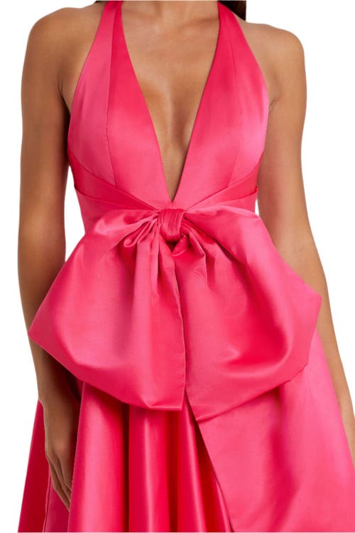 Mac Duggal Sleeveless Deep V Satin Gown With Oversized Bow In Hot Pink