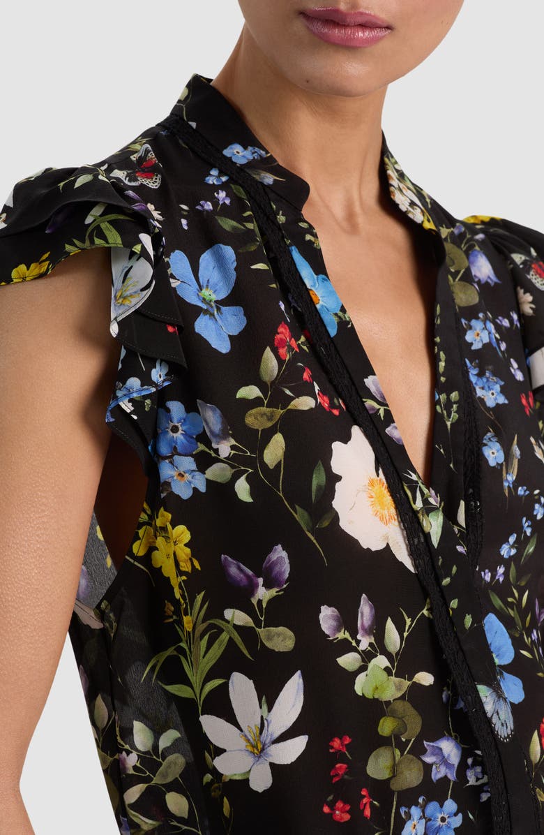 Alice + Olivia Arlette Floral Flutter Sleeve Button-Up Top, Alternate, color, Twisting Vines Black