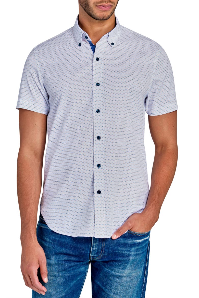 Slim Fit Microdot Short Sleeve 4-Way Stretch Performance Button-Down Shirt, Main, color, WHITE
