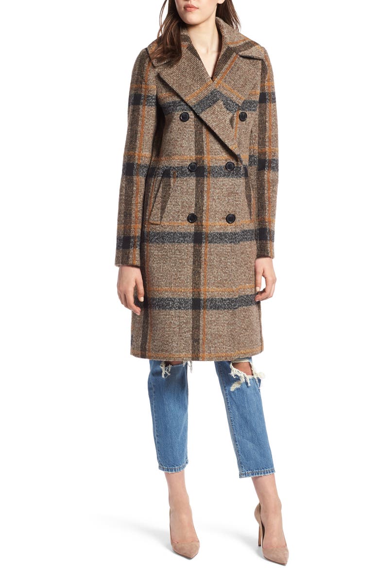 Double Breasted Coat, Alternate, color, BROWN PLAID