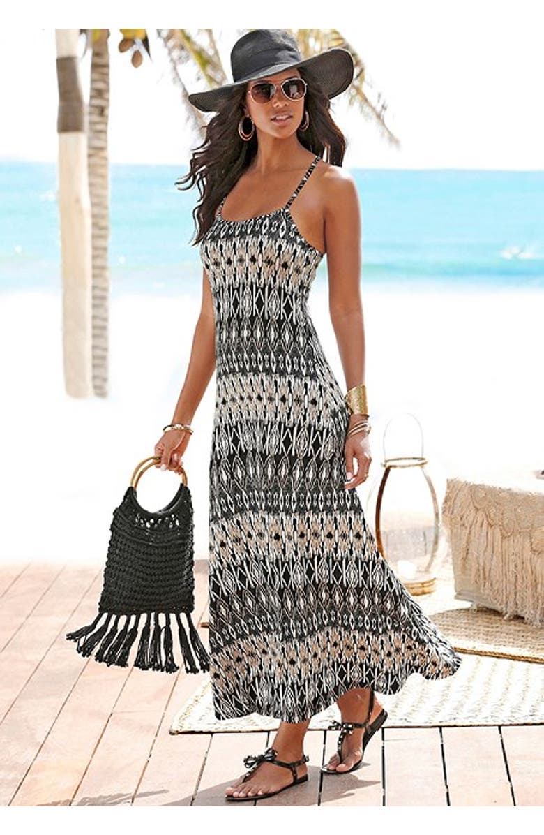 LASCANA Women's Crossed Strap Maxi Dress, Alternate, color, Black & Cream