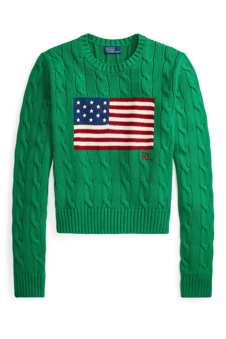 Flag Intarsia Cable Stitch Crewneck Sweater, Alternate, color, BILLIARD
