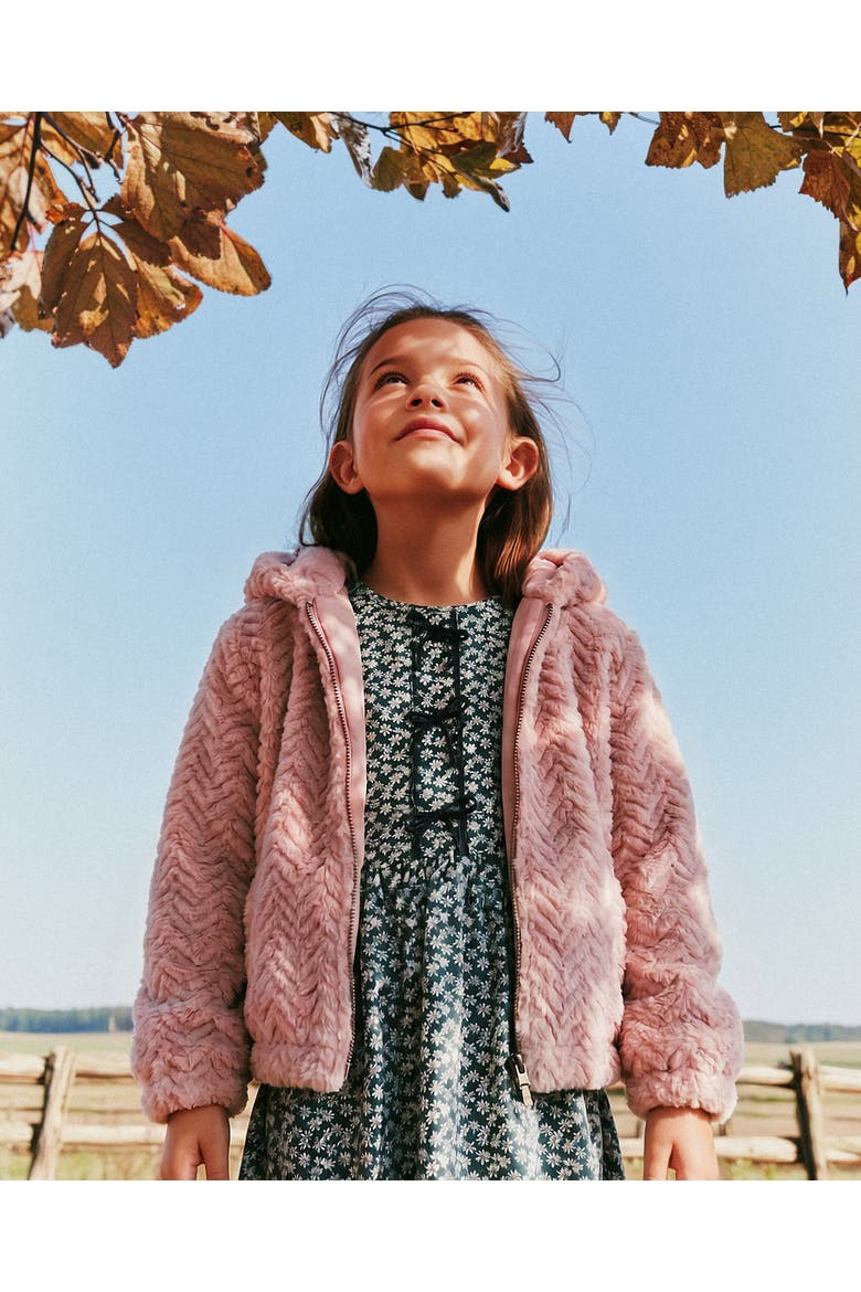 Faux Fur Hooded Chevron Texture Zip Cardigan, Alternate, color, Pink