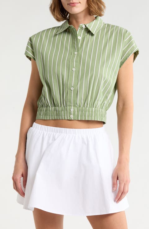 Stripe Cap Sleeve Crop Button-Up Shirt