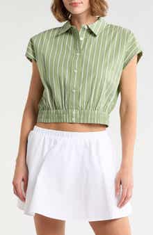 Current/Elliott Stripe Cap Sleeve Crop Button-Up Shirt