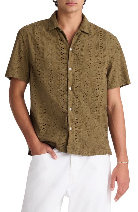 Short Sleeve Button-Up Shirt in Embroidered Cotton