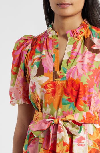 Floral Bubble Sleeve Cotton Dress