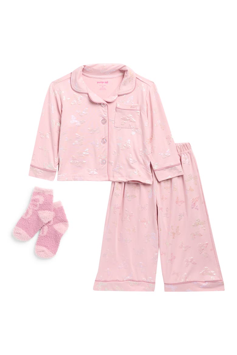 Kids' Butterfly 2-Piece Jersey Print Pajamas & Socks Set, Main, color, PINK