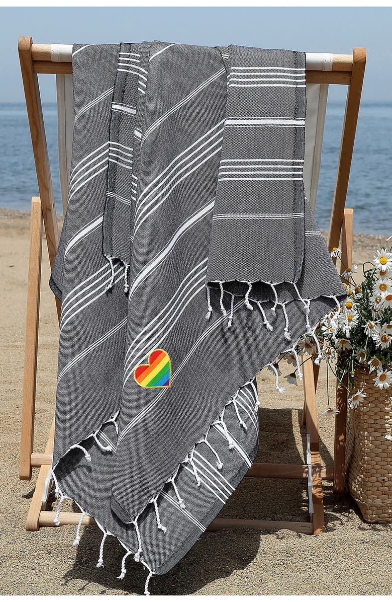 Linum Home Textiles 100% Turkish Cotton Lucky Cheerful Rainbow Heart Pestemal Beach Towel - Black, Alternate, color,