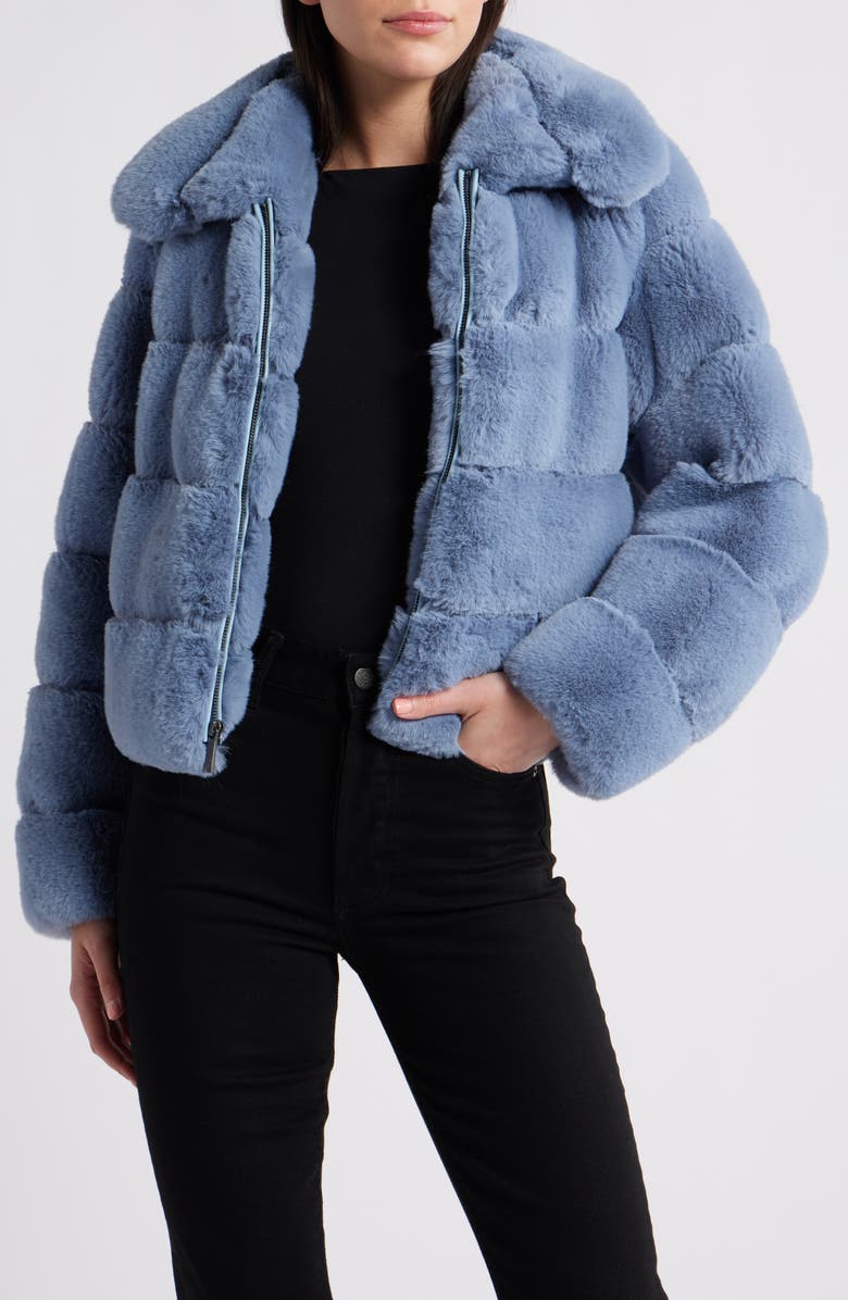 BCBG Max Azria Groove Quilted Faux Fur Coat, Alternate, color, Misty Blue