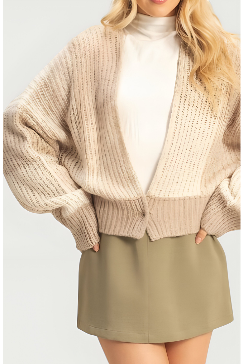 Ribbed Knit Cardigan with Drop Shoulders, Relaxed Fit and Cropped Hem, Alternate, color, Beige / Cream
