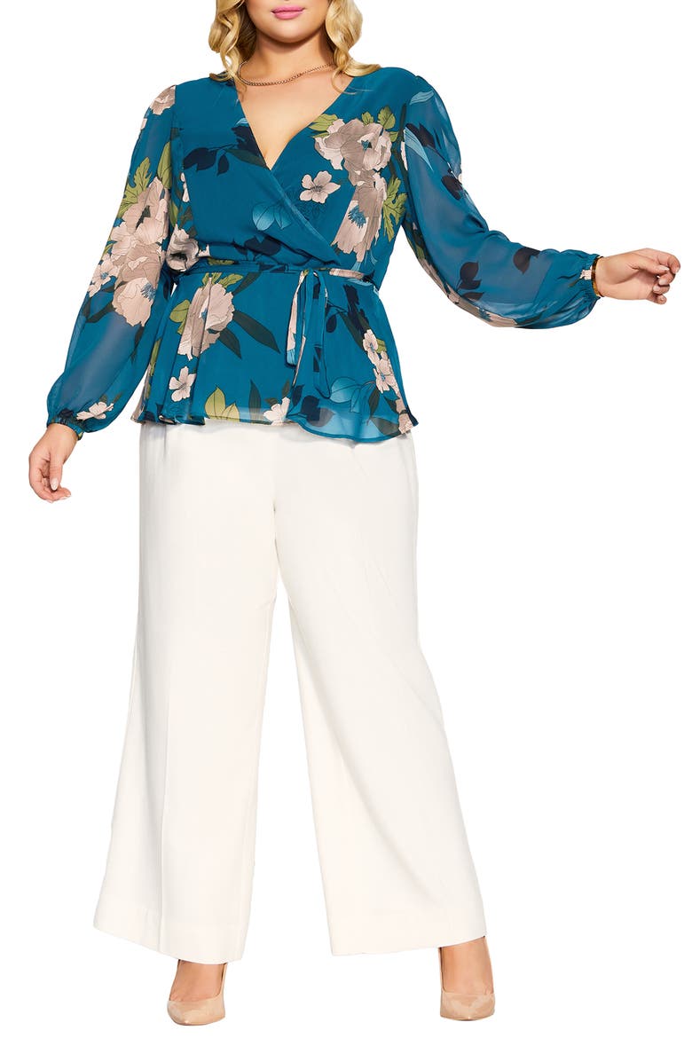 Maya Faux Wrap Blouse, Alternate, color, TEAL BOLD BLOOM