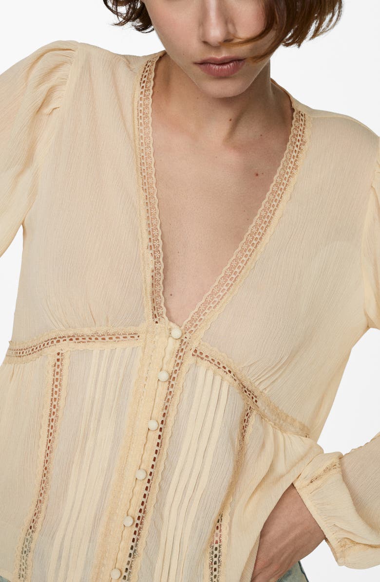 MANGO Flowy Embroidered Crepe Button Front Top, Alternate, color, 