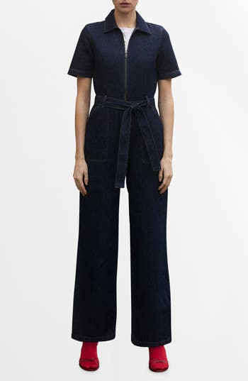 Mango Belted Denim Jumpsuit In Blue