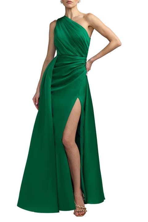 One-Shoulder Draped Satin Gown with Overskirt