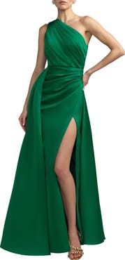 Mac Duggal One-Shoulder Draped Satin Gown with Overskirt