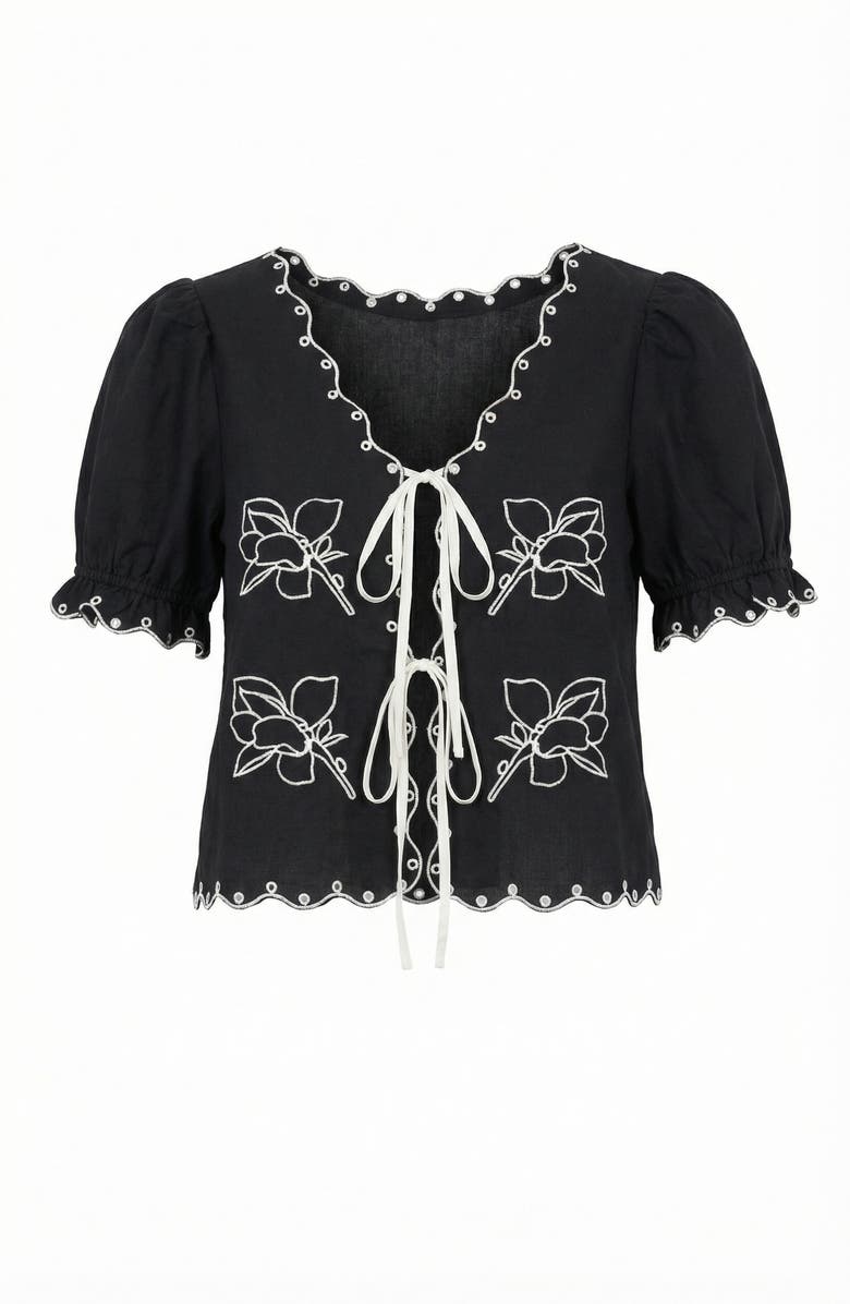 Modenaire Puff Sleeve Embroidered Front Tie Blouse, Alternate, color, Black / White