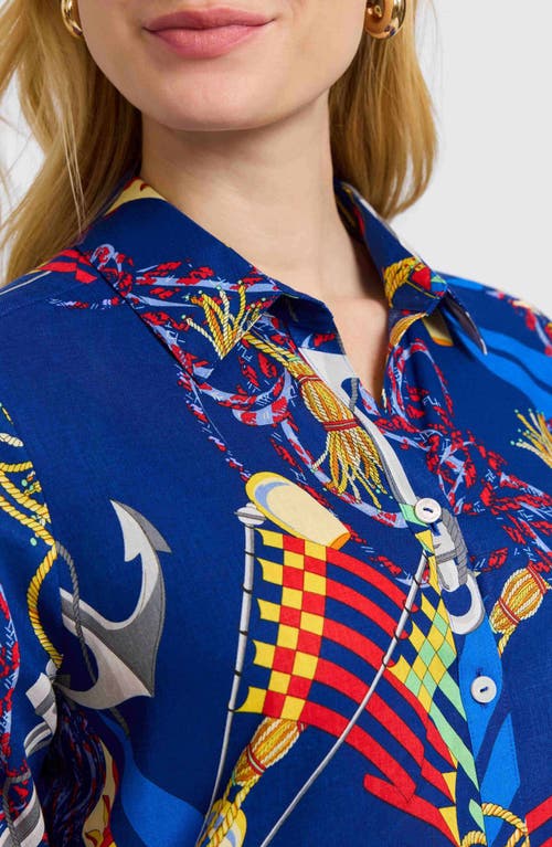 Foxcroft Zoey Nautical Three Quarter Sleeve Linen Blend Button-up Shirt In Navy Multi