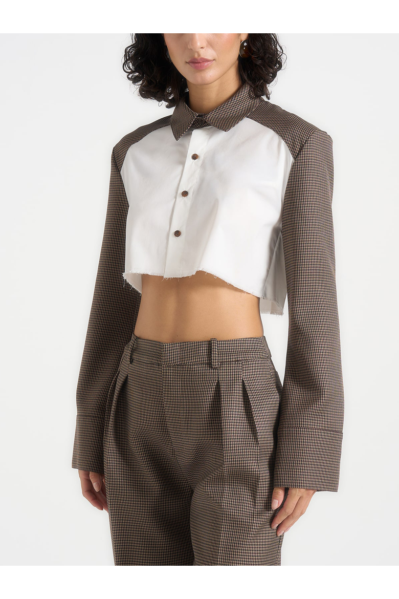 Bernadette Houndstooth Contrast Cropped Shirt, Main, color, Brown