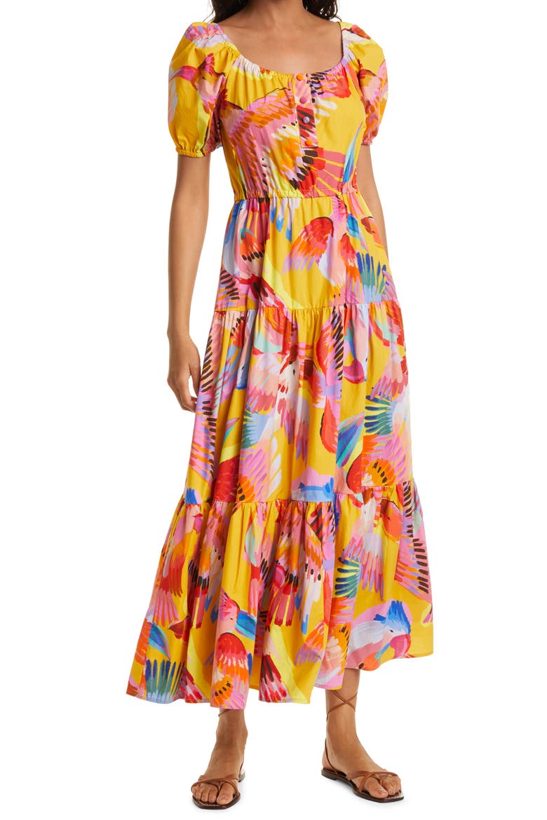 Neon Macaws Puff Sleeve Cotton Maxi Dress, Main, color, NEON MACAWS