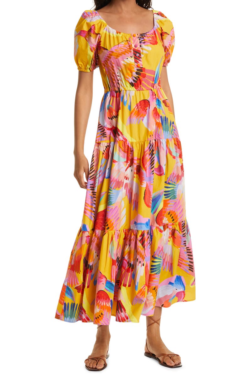 FARM Rio Neon Macaws Puff Sleeve Cotton Maxi Dress, Main, color, 