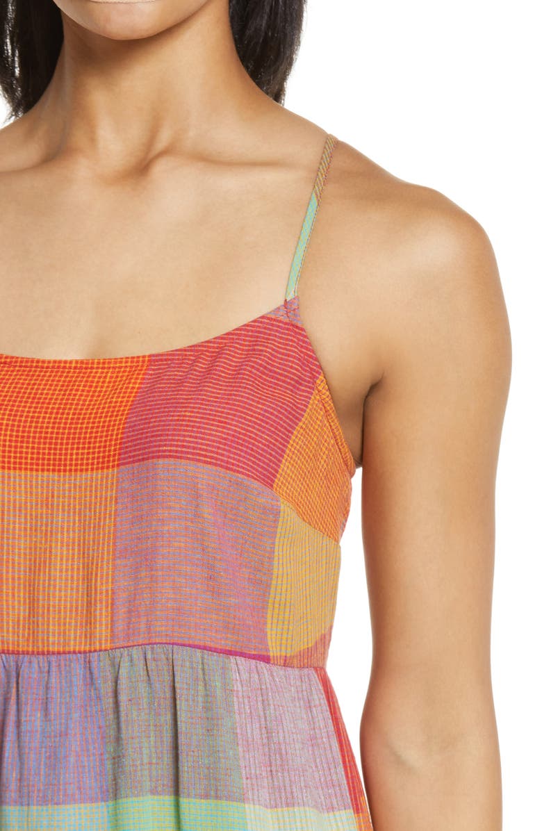 beachlunchlounge Lana Madras Plaid Tiered Midi Sundress, Alternate, color, 