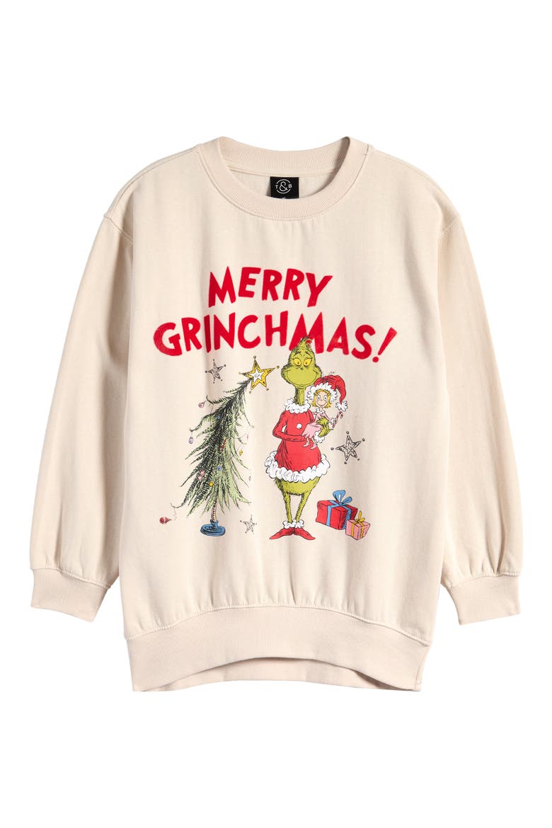 Kids' Oversize Graphic Sweatshirt, Main, color, IVORY DOVE MERRY GRINCHMAS