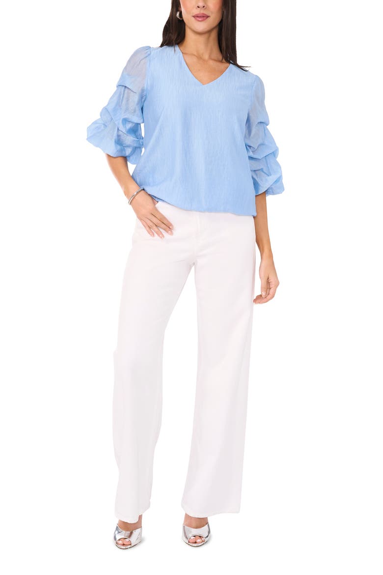 Metallic Slub Bubble Sleeve Top, Alternate, color, SKY